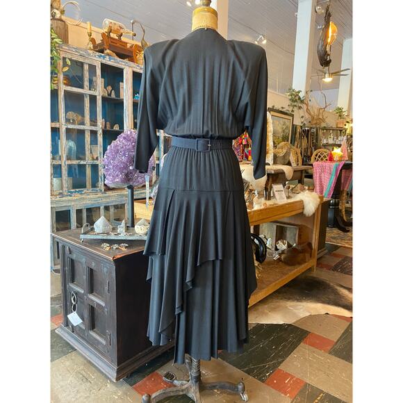 vtg 1980s black rayon dress with batwing sleeves and asymmetrical, 80s does 40s - Picture 9 of 9